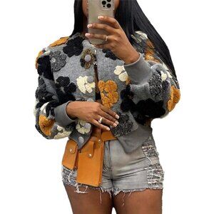 Women's Gray Opcakm Cropped Floral Shacket Sleeve Bomber Style Outerwear Jacket